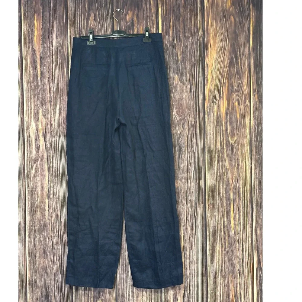 Zara Trousers Womens L Navy Blue 100% Linen High Waisted Wide Leg NWT
